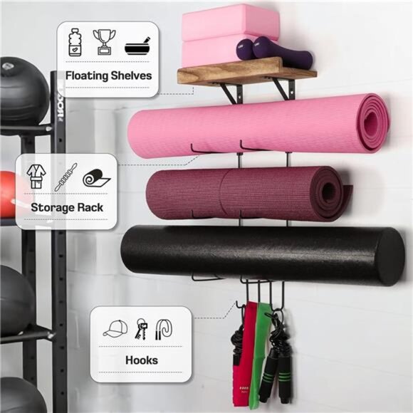 Yoga Mat Holder Wall Mount Yoga Mat Storage Home Gym Accessories with Wood Shelf - Picture 3 of 7